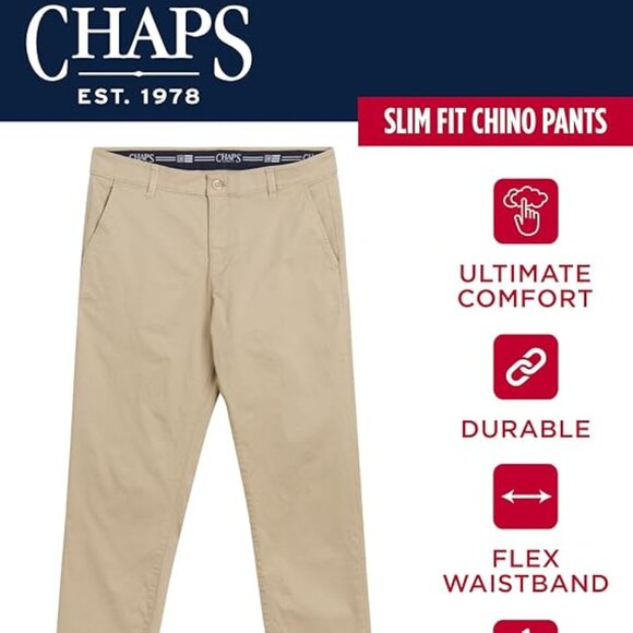 Chaps Men's Khaki Pants - Slim Fit Comfort Stretch Cotton Pant - Casual Chinos - Picture 1 of 8